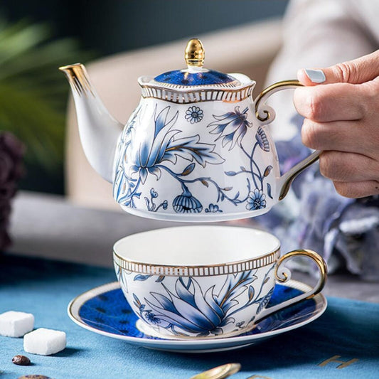 Blue Floral Tea for One Porcelain Teapot Cup Set