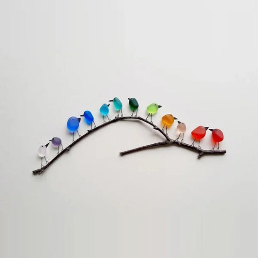 Colorful Bird Wall Art Recycled Sea Glass Birds on Branch