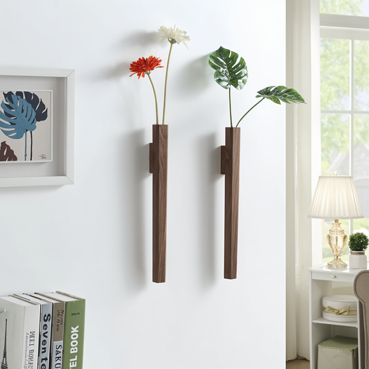 FreshFloret Wall Mounted Wooden Vase Solid Beech and Walnut Flower Display