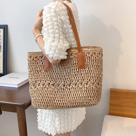 Genevieve Straw Tote Bag with Genuine Leather Straps