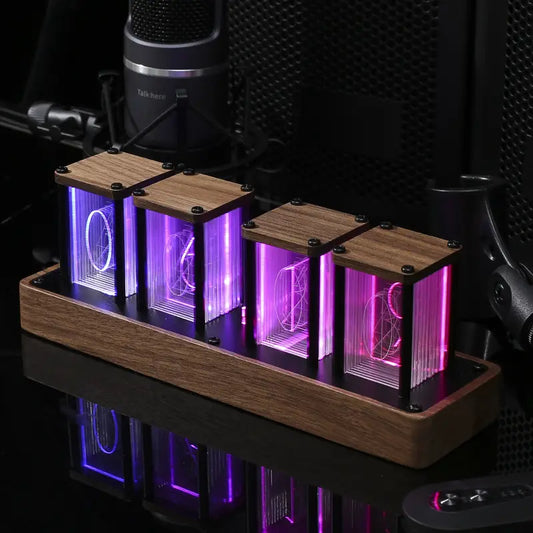 Retro Tube Digital Clock with Wi-Fi Sync Walnut Wood LED Display