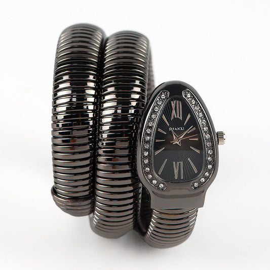 Snake Style Quartz Watch Stainless Steel Bracelet Oval Dial