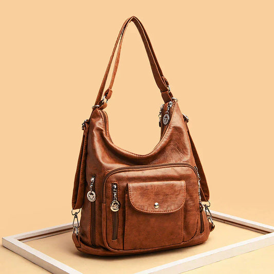 Soft Leather Shoulder Bag Large Capacity Multi Way Carry