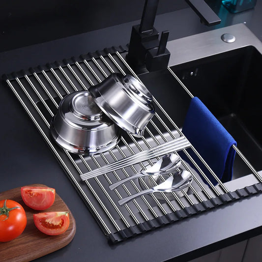 Stainless Steel Foldable Dish Drying Rack with Filter Roll