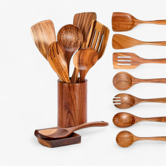 Teak Wood Kitchen Utensil Set with Holder 9 Piece Cooking Tools