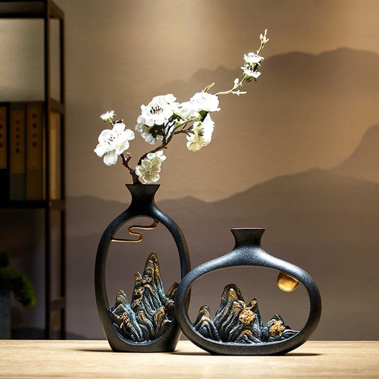 TranquilPeak Ceramic Mountain Vase in Matte Black